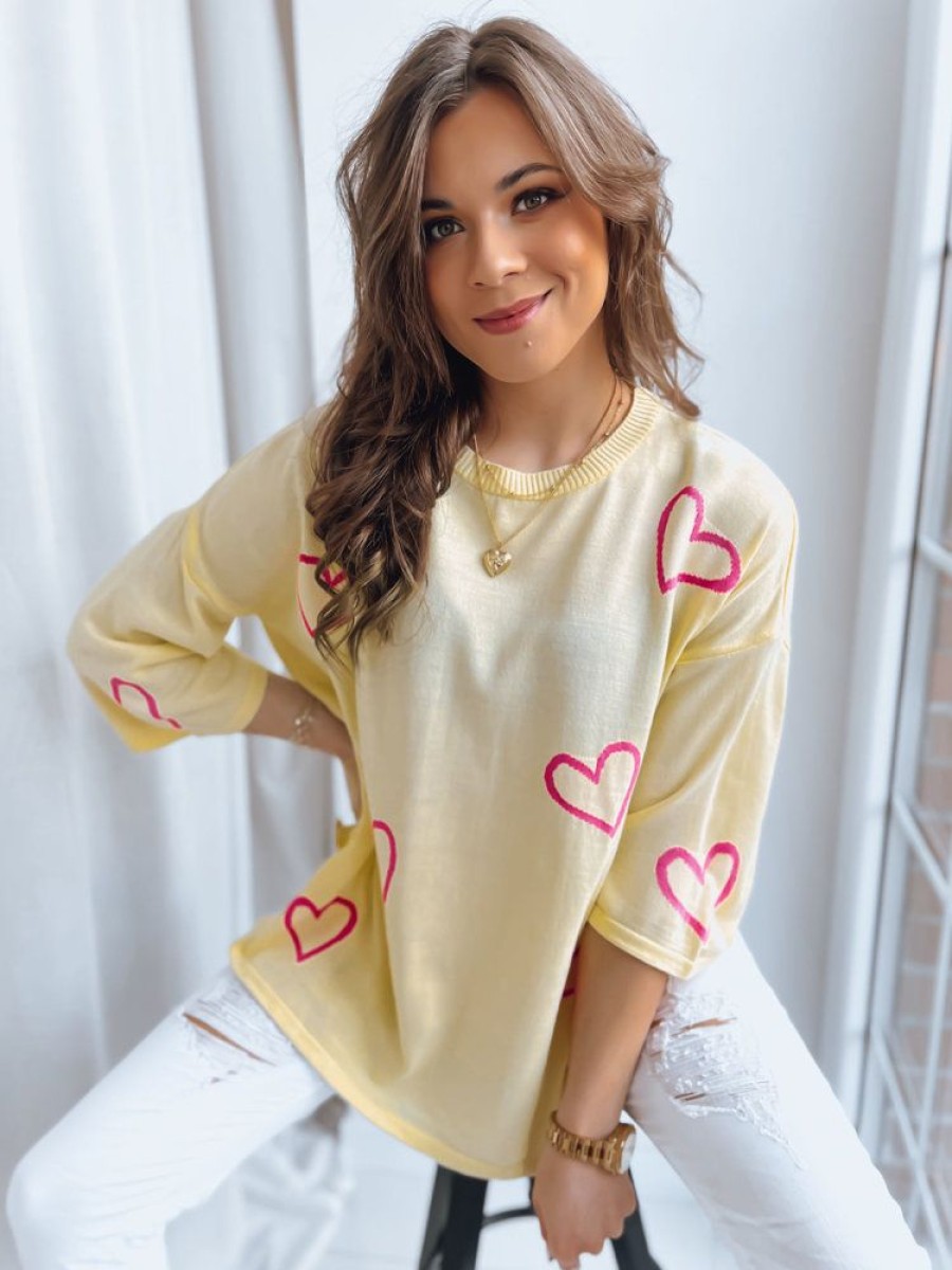 Odziez Damska Dstreet Swetry Dlugie | Sweter Damski Sweet Heart Cytrynowy Dstreet